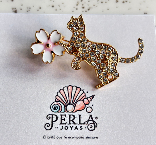 Prendedor gato y flor